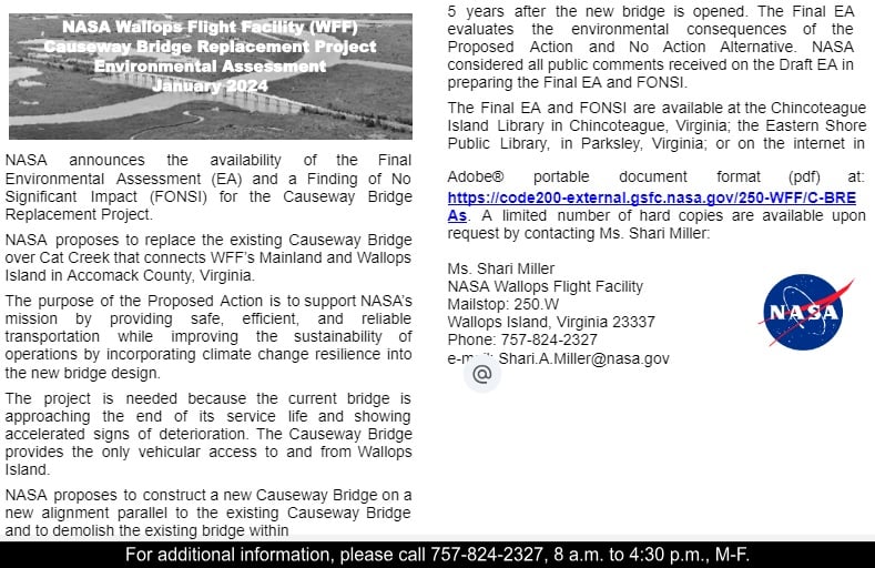 Featured image for “LEGAL: Final Environmental Assessment (EA) and a Finding of No Significant Impact (FONSI) for the Causeway Bridge Replacement Project.”