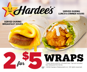 Hardees 2 Wraps for $5